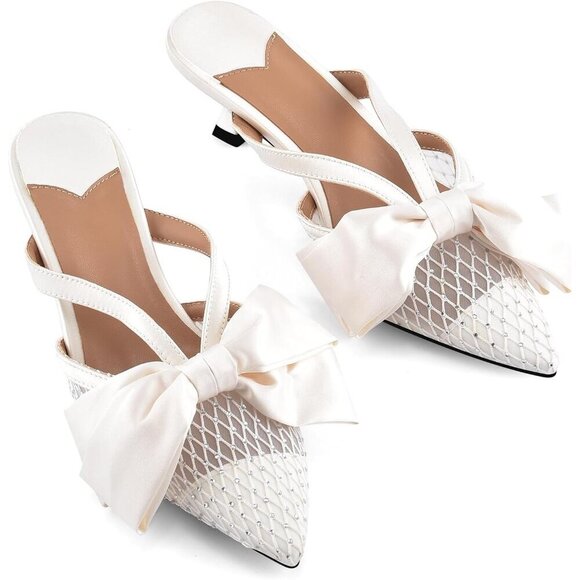 🆕Women White Faux Leather Heeled Mules Kitten Heel Pointed Toe Mesh Bow Sandals - Picture 4 of 5